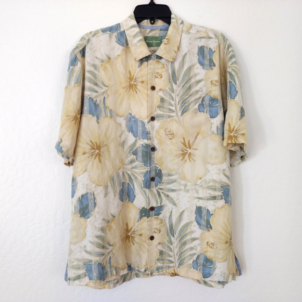 Tommy Bahama Shirt L Yellow Blue Hibiscus Linen Blend Hawaiian Short Sleeve